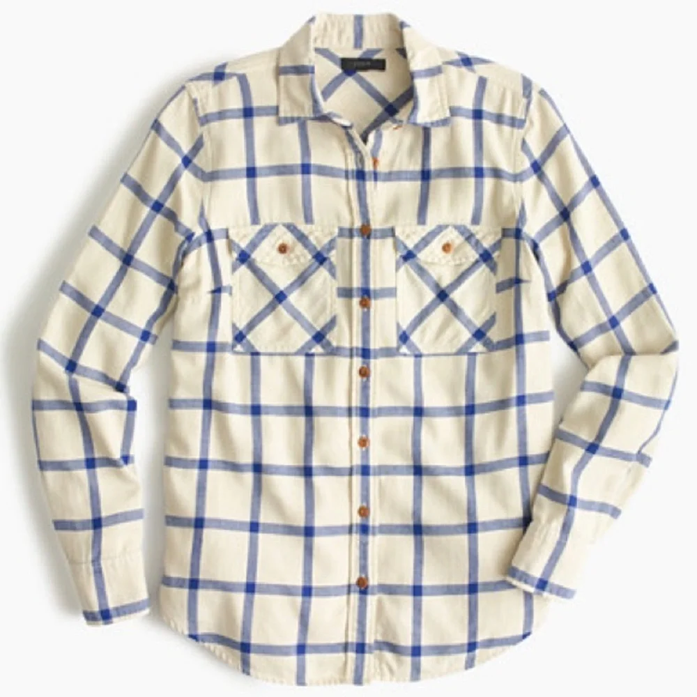 J. Crew 100% Cotton Cream and Blue flannel button up - Picture 1 of 5